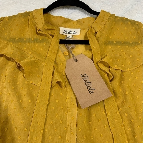 NWT Listicle Mustard Polka Dot Texture Button Up Blouse Top Lined. SZ L - Picture 4 of 10